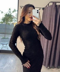 Kalın Bürümcük Siyah Uzun Elbise