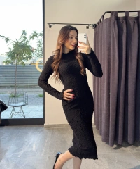 Kalın Bürümcük Siyah Uzun Elbise