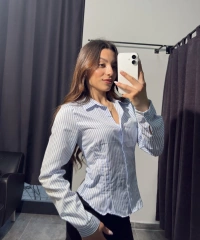 Mavi Çizgili Dar Kalıp Gömlek