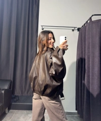 Kahverengi Deri Bomber Ceket