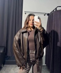 Kahverengi Deri Bomber Ceket