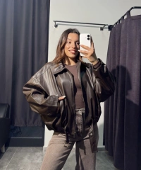 Kahverengi Deri Bomber Ceket