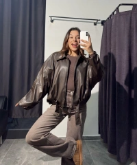 Kahverengi Deri Bomber Ceket