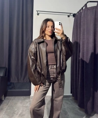 Kahverengi Deri Bomber Ceket