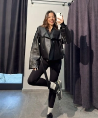 Kemerli Siyah Kısa Deri Trençkot