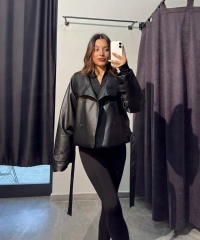 Kemerli Siyah Kısa Deri Trençkot