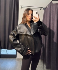 Kemerli Siyah Kısa Deri Trençkot