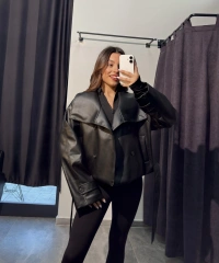 Kemerli Siyah Kısa Deri Trençkot