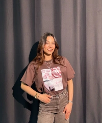 Pink Baskılı Kahverengi Tişört