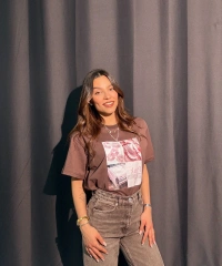 Pink Baskılı Kahverengi Tişört