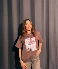 Pink Baskılı Kahverengi Tişört