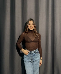 Boğazlı Transparan Kahverengi Kaşmir Body