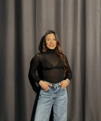 Boğazlı Transparan Siyah Kaşmir Body