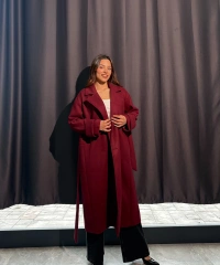 Kuşaklı Astarlı Bordo Kaban