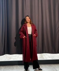 Kuşaklı Astarlı Bordo Kaban