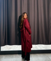 Kuşaklı Astarlı Bordo Kaban