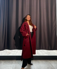 Kuşaklı Astarlı Bordo Kaban