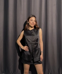 Astarlı Çizgili Saten Yelek Etek Takım