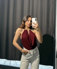 Gold Aksesuar Detay Bordo Bodysuit
