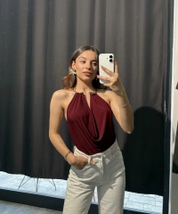 Gold Aksesuar Detay Bordo Bodysuit