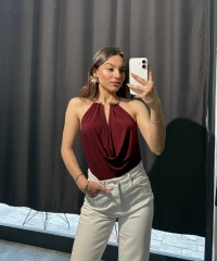 Gold Aksesuar Detay Bordo Bodysuit