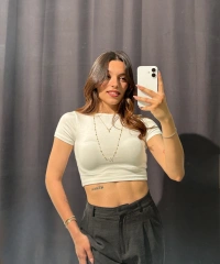 Bisiklet Yaka Basic Beyaz Crop