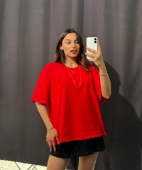 Kırmızı Oversize Düz Tişört