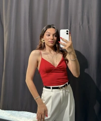 V Yaka İp Askılı Bodysuit Kırmızı