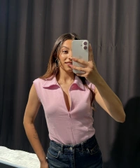 Polo Yaka Fermuarlı Pembe Body