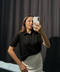 Polo Yaka Düğmeli Triko Tişört Siyah