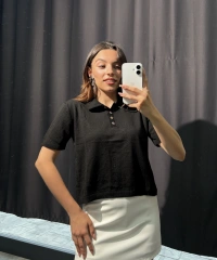 Polo Yaka Düğmeli Triko Tişört Siyah