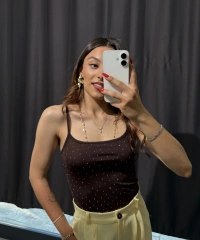 Taşlı İp Askılı Bodysuit Kahverengi