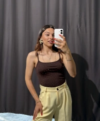 Taşlı İp Askılı Bodysuit Kahverengi