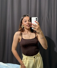 Taşlı İp Askılı Bodysuit Kahverengi