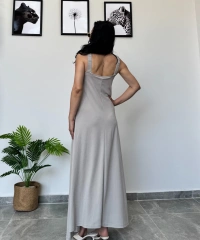 Açık Gri Kalın Askılı Uzun Elbise