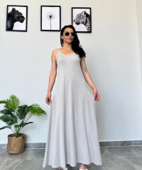 Açık Gri Kalın Askılı Uzun Elbise