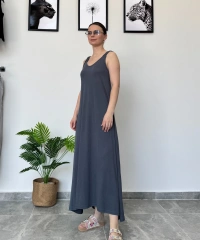 Füme Kalın Askılı Uzun Elbise