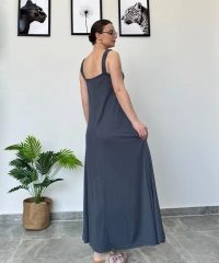 Füme Kalın Askılı Uzun Elbise