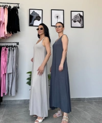 Füme Kalın Askılı Uzun Elbise