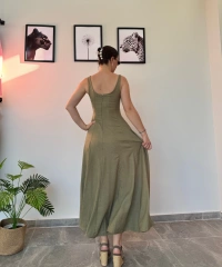 Haki Uzun Keten Elbise