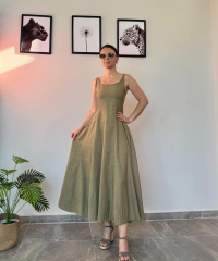 Haki Uzun Keten Elbise