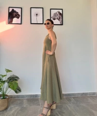 Haki Uzun Keten Elbise