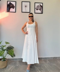 Beyaz Uzun Keten Elbise