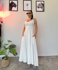 Beyaz Uzun Keten Elbise