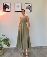 Haki Uzun Keten Elbise
