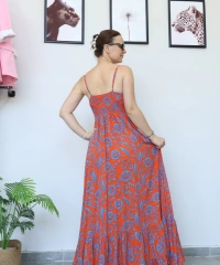 Desenli Turuncu Uzun Elbise