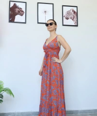 Desenli Turuncu Uzun Elbise