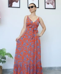 Desenli Turuncu Uzun Elbise