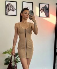 Fermuarlı Kısa Bej Elbise