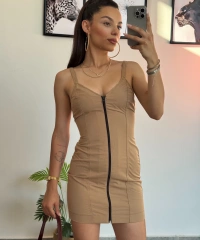 Fermuarlı Kısa Bej Elbise